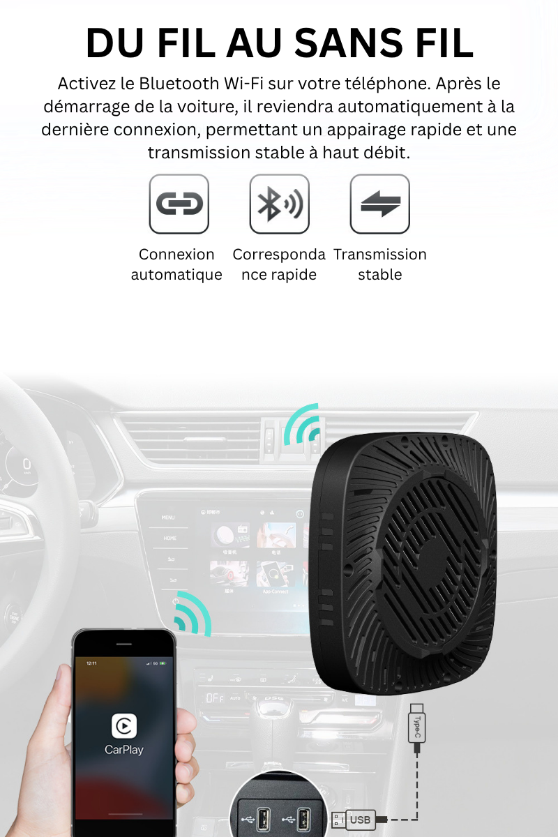 Carlinky Adaptateur Sans Fil 3-en-1 CarPlay & Android Auto